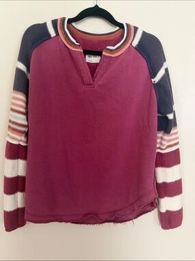 We The Free Magenta Crewneck Pullover with Striped Raglan Sleeves